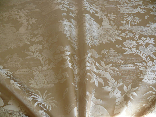 by Yard 100% Silk Damask Chinoiserie Music Garden Tree Peony Bird Pagoda "whitegold" Pale Gold Cream