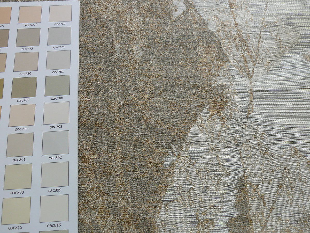 High end  100% Silk Lampas Withered Leaf Birch Forest "swan" Cream Silver Grey