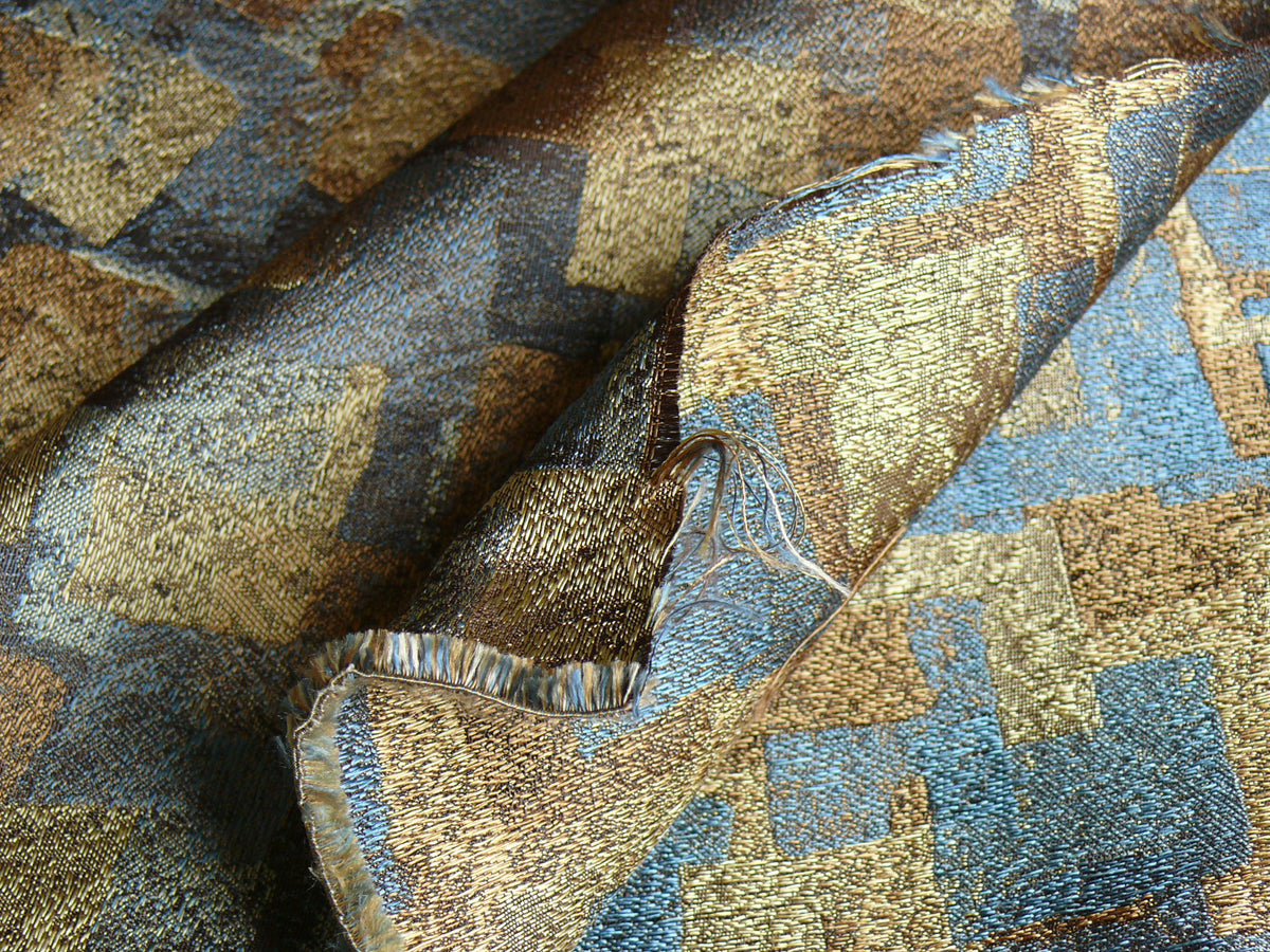 100% Silk Jacquard Modern Overlap Square "bluestone" Gold Mid Century