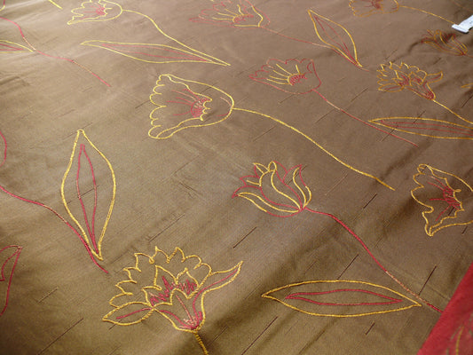100% Silk Lampas Tulip "brown" Gold Mod Picasso Modern Abstract Flora Thick Red Gold MSRP USD 300+/Y