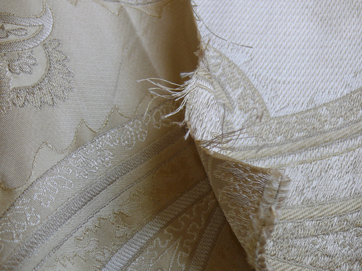 BY Yard Stunning 100% Silk Lampas Jacquard Fire Flame Edged Paisley "flax" Ecru Cream Pale Gold White