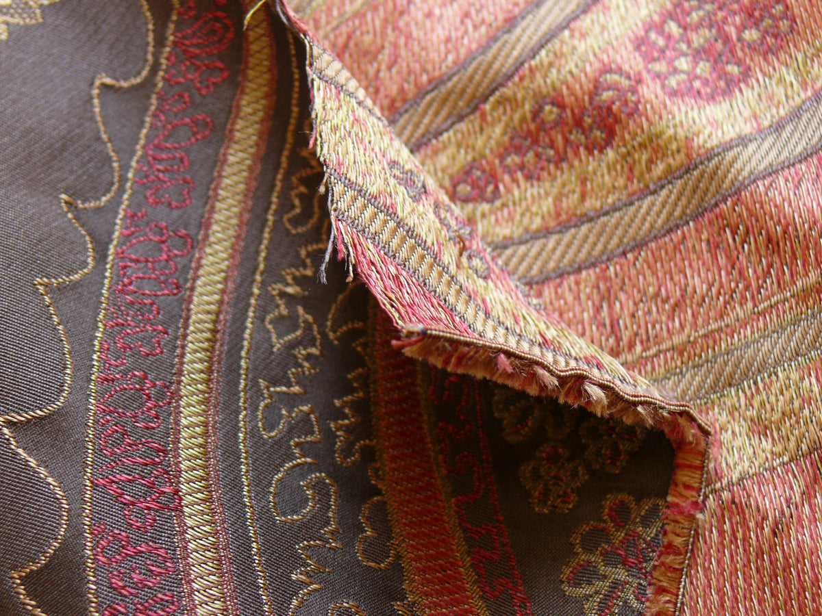 BY Yard Stunning 100% Silk Lampas Jacquard Fire Flame Edged Paisley "coffee" Brown Red Gold