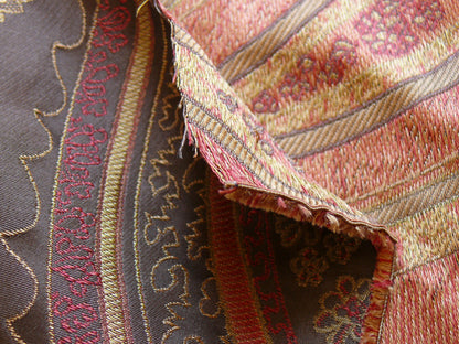 BY Yard Stunning 100% Silk Lampas Jacquard Fire Flame Edged Paisley "coffee" Brown Red Gold