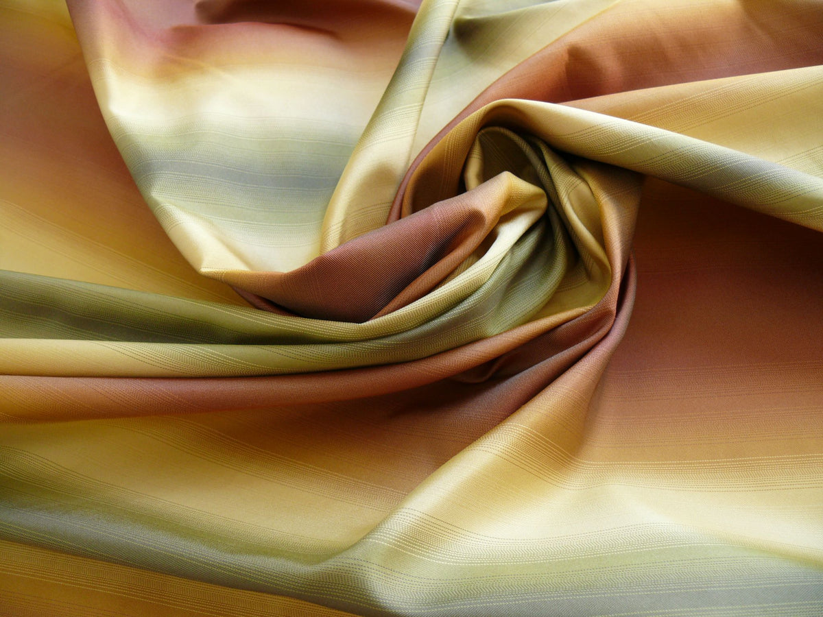 100% Silk Taffeta Graded Ombre Stripe “dusk” Khaki Red Green Gold