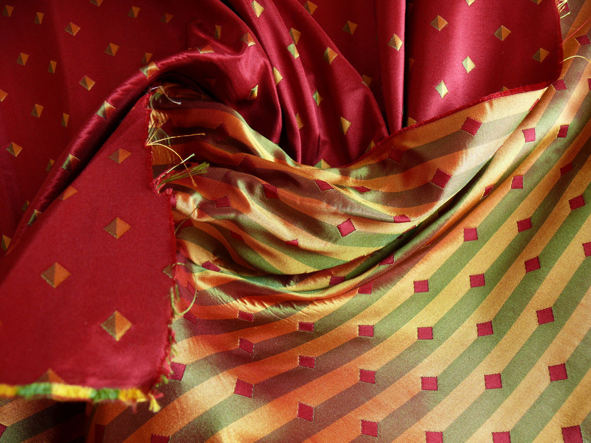 100% Silk Lampas Diamond Dot "mulberry" Magenta Red Yellow Green  Stripe Reversible