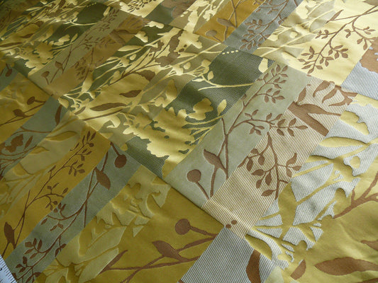 High End Art Nouveau  100% Silk Lampas Botanical Silhouette Rectangles "celadon" Blue Gold Green Brown