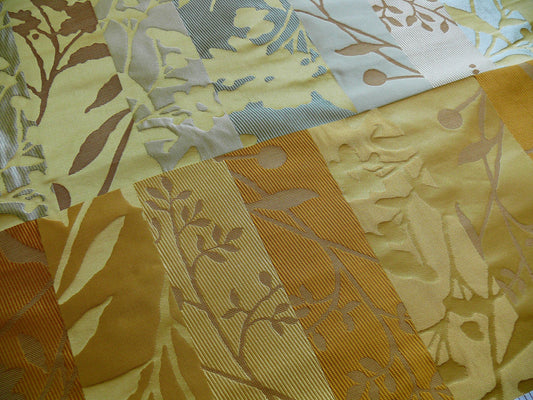 High End Art Nouveau 100% Silk Lampas Botanical Silhouette Rectangles "quince" Gold Orange Blue Brown