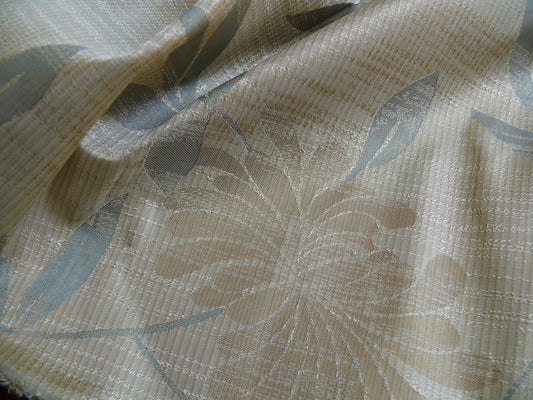 By yard 100% Silk Lampas Bali Breeze "linen" Blue Silver Beige Khaki Tropical Reversible