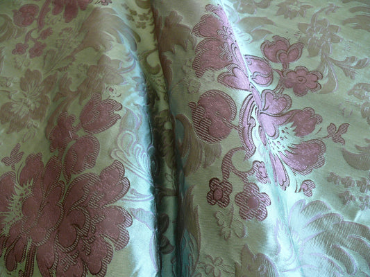By Yd High End 100%silk Lampas Peony Bush "emerald" Green Purple Blue 560 Emerald