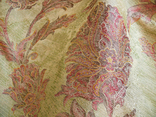 100% Silk Lampas Large Peony Paisley "firethorn" Red Green Gold