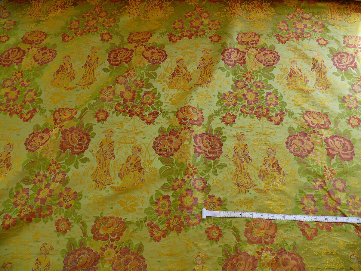 100%silk Lampas Madame Butterfly "flora" Green Red Gold Opera