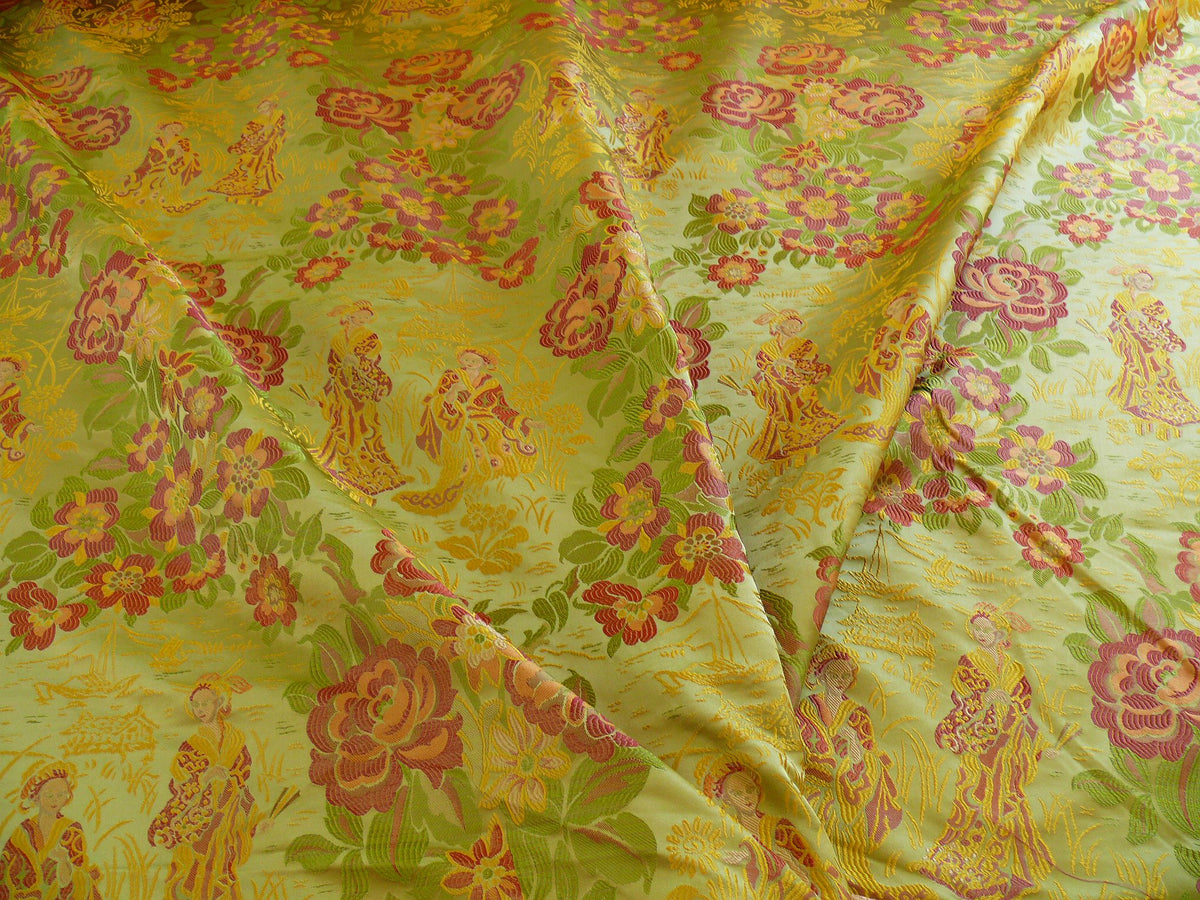 100%silk Lampas Madame Butterfly "flora" Green Red Gold Opera
