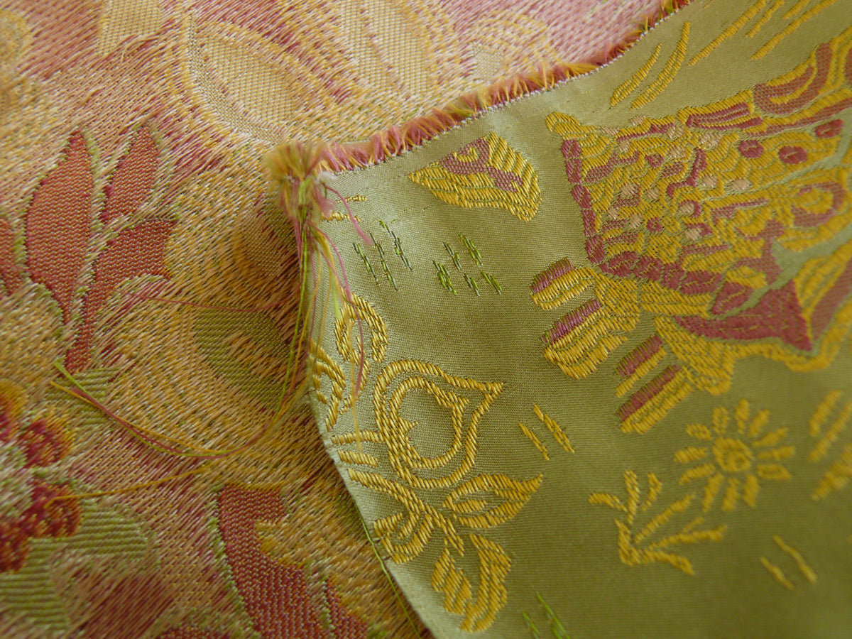 100%silk Lampas Madame Butterfly "flora" Green Red Gold Opera