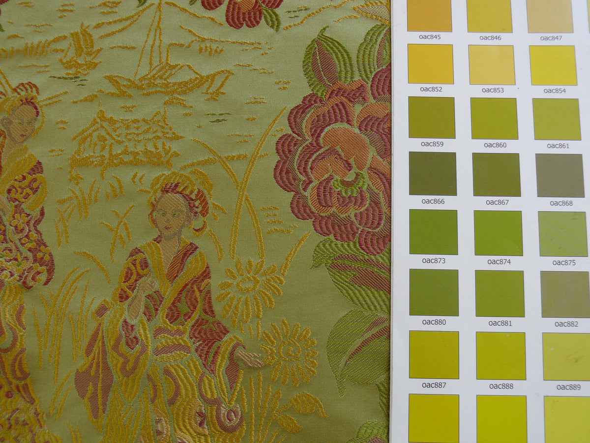 100%silk Lampas Madame Butterfly "flora" Green Red Gold Opera
