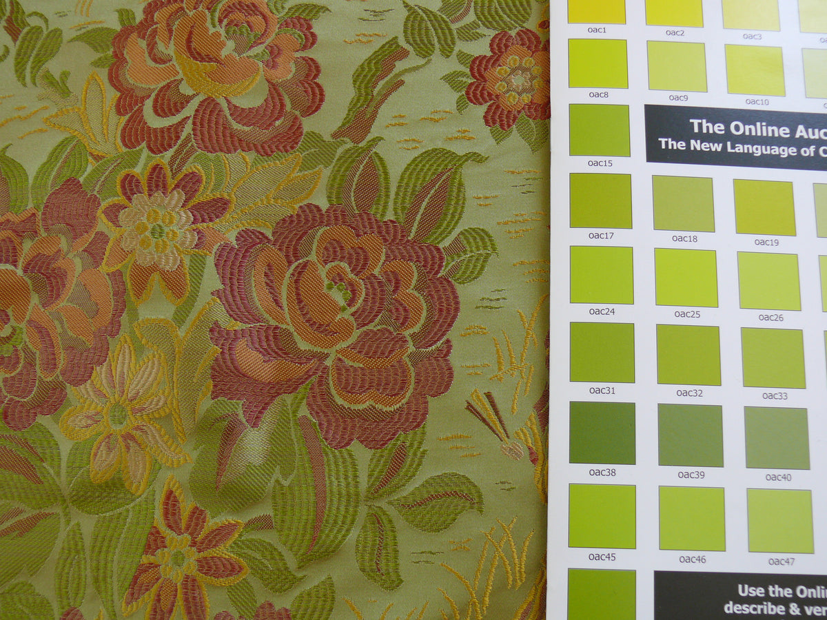 100%silk Lampas Madame Butterfly "flora" Green Red Gold Opera