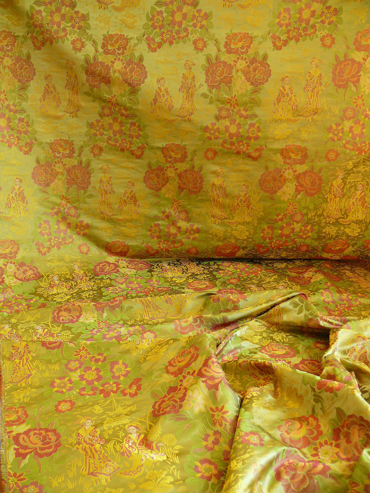 100%silk Lampas Madame Butterfly "flora" Green Red Gold Opera