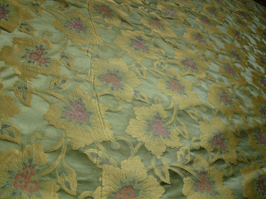 100% Silk Lampas Tri-leaf Flower "thyme" Green Gold Pink