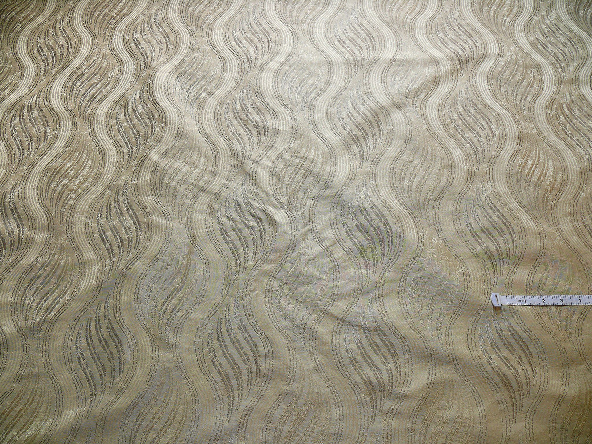 by yard 100% Silk Lampas Curvy Modern River "silver" Gold White Art Nouveau