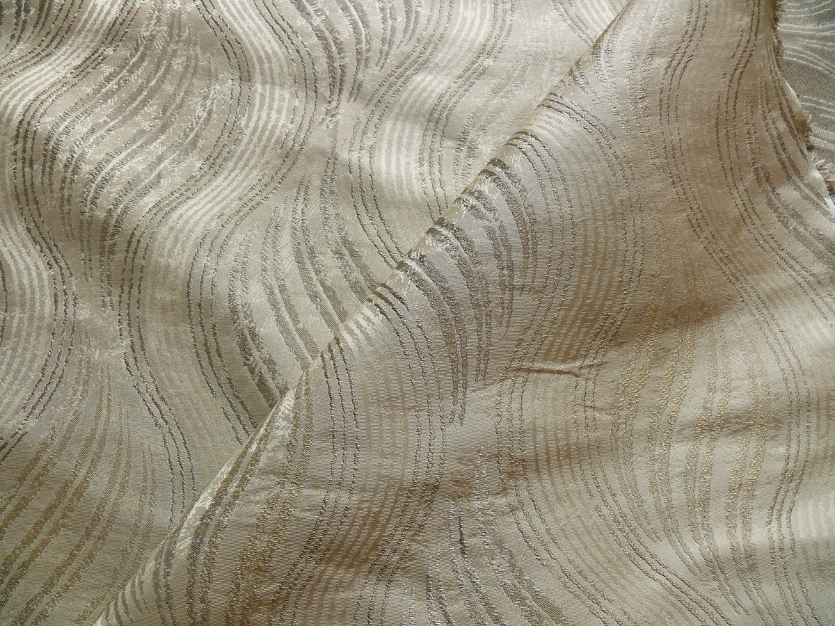 by yard 100% Silk Lampas Curvy Modern River "silver" Gold White Art Nouveau