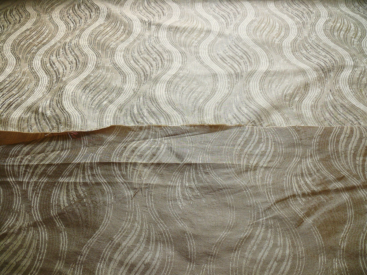 by yard 100% Silk Lampas Curvy Modern River "silver" Gold White Art Nouveau