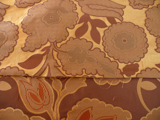 100% Silk Lampas Large Art Deco Flower Vine "cognac" Brown