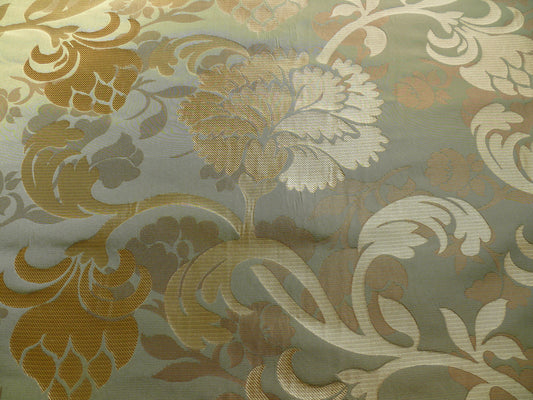 Carnation Crewel Silk Lampas - Sage Green Gold Brown