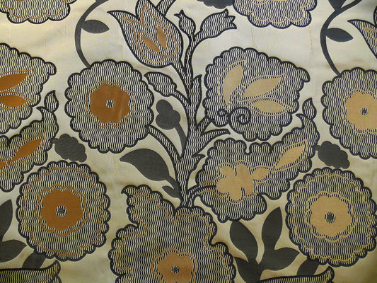 100% Silk Lampas Large Art Deco Flower Vine "deco" Khaki Black Gold
