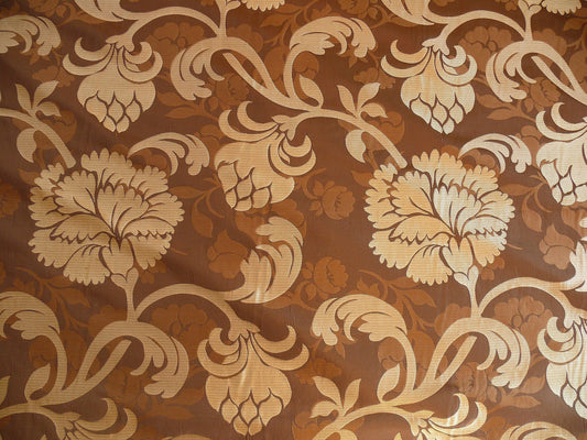 Carnation Crewel Lampas Silk - Cognac Brown Gold