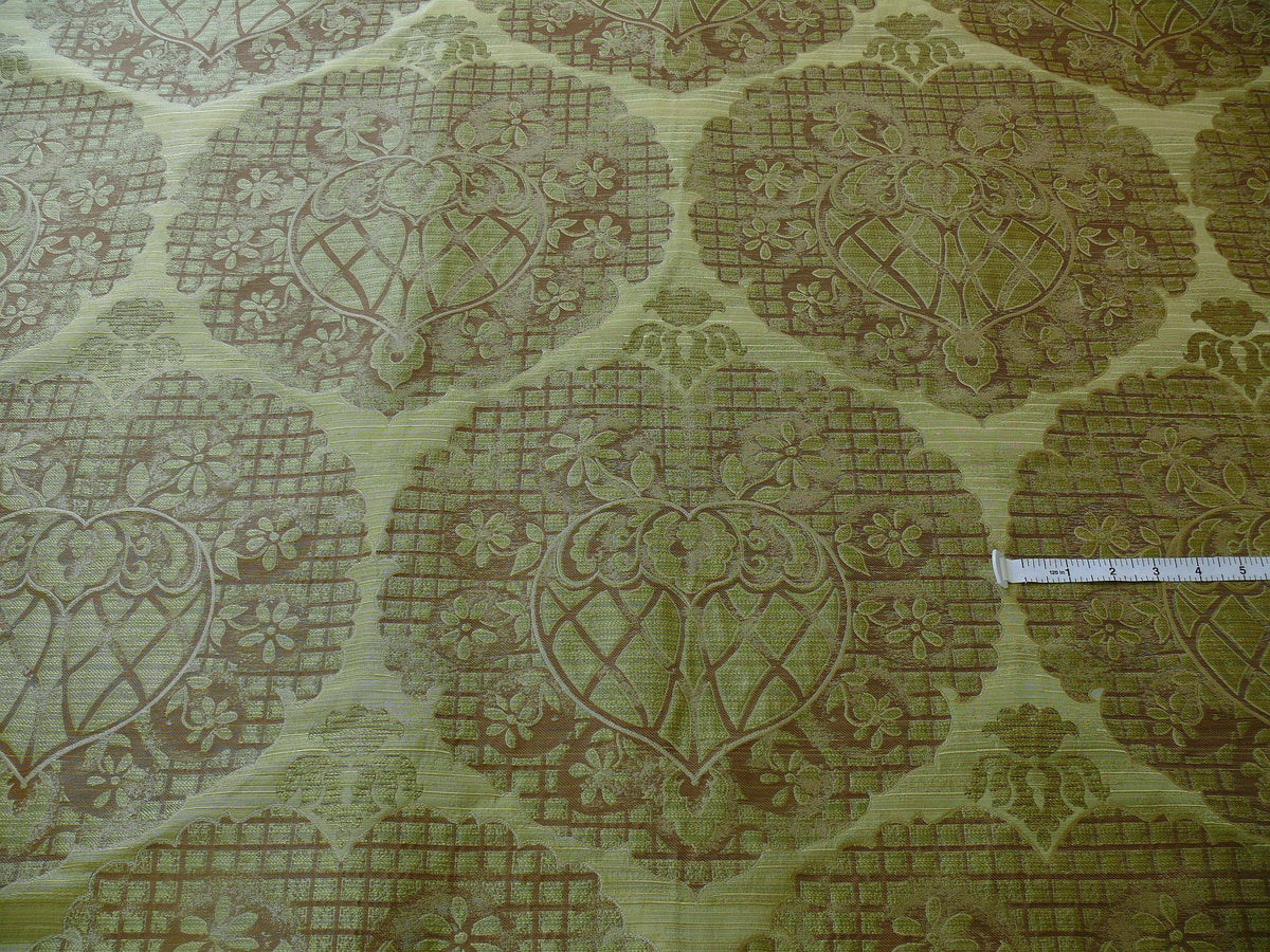 Aged Metal Large Medallion Silk Lampas - Lime Green/Brown/Khaki