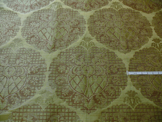 Aged Metal Large Medallion Silk Lampas - Lime Green/Brown/Khaki