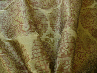 100% Silk Lampas Aged Metal Large Medallion "lime" Green Brown Khaki MSRP USD 328/yard