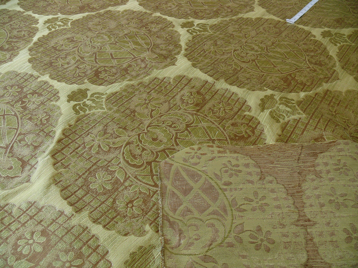 100% Silk Lampas Aged Metal Large Medallion "lime" Green Brown Khaki MSRP USD 328/yard