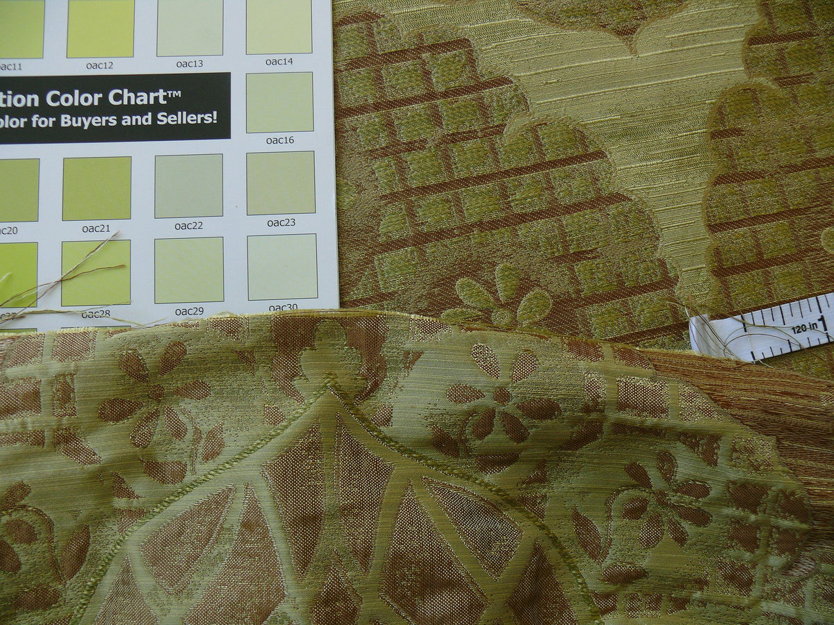 100% Silk Lampas Aged Metal Large Medallion "lime" Green Brown Khaki MSRP USD 328/yard