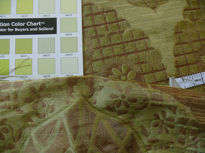 100% Silk Lampas Aged Metal Large Medallion "lime" Green Brown Khaki MSRP USD 328/yard