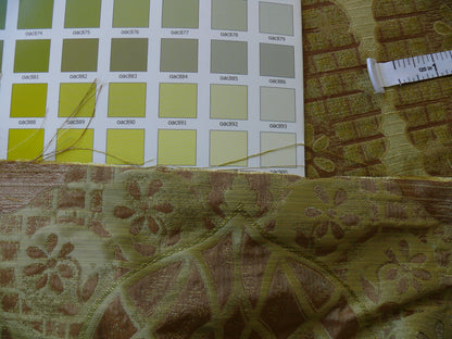 100% Silk Lampas Aged Metal Large Medallion "lime" Green Brown Khaki MSRP USD 328/yard