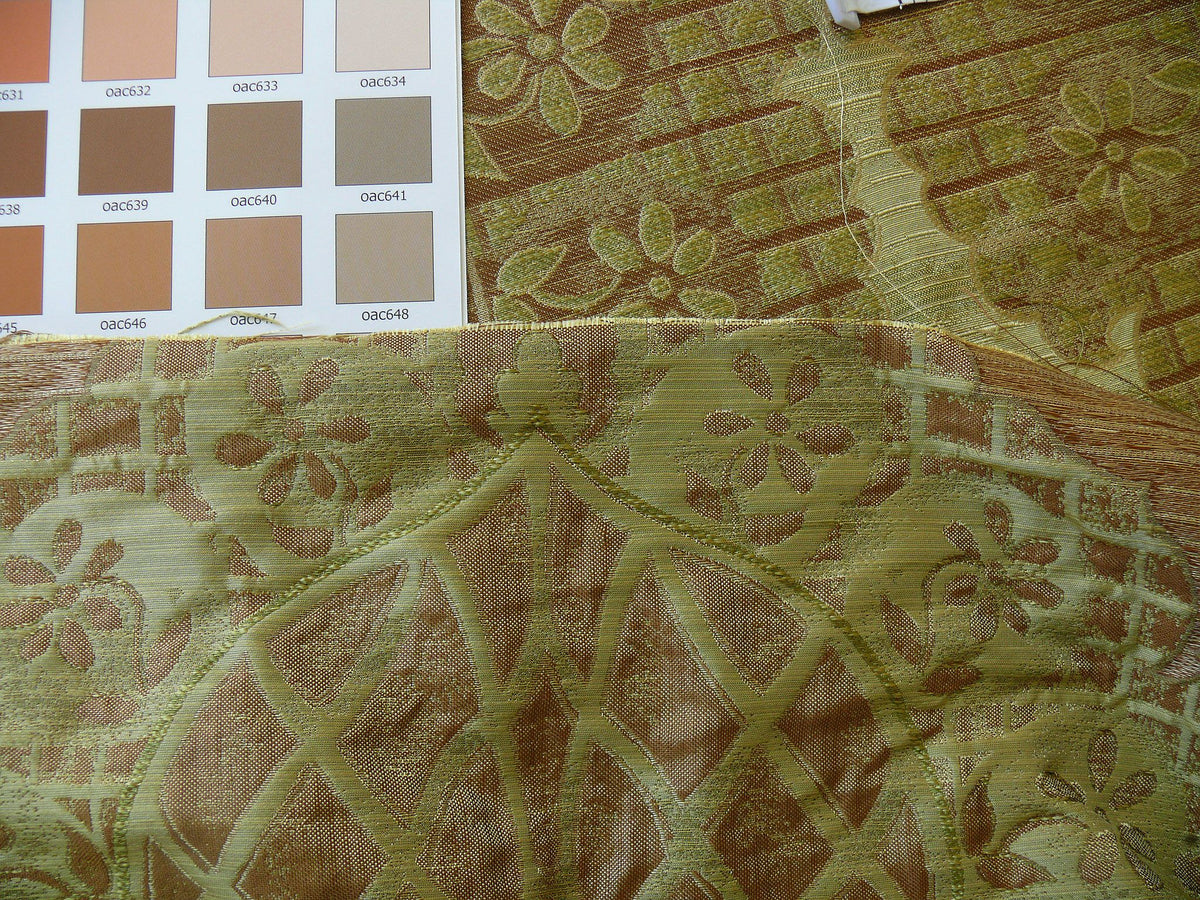 100% Silk Lampas Aged Metal Large Medallion "lime" Green Brown Khaki MSRP USD 328/yard