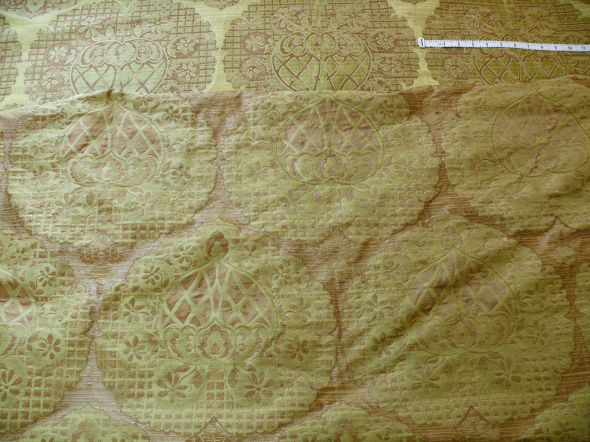 100% Silk Lampas Aged Metal Large Medallion "lime" Green Brown Khaki MSRP USD 328/yard