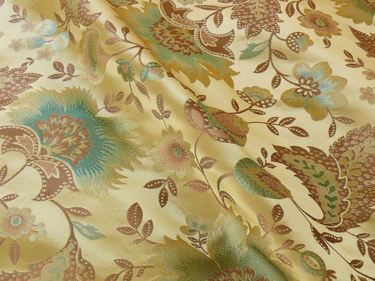 By yard 100% Silk Lampas Spring Garland "vintage" Gold Blue Green