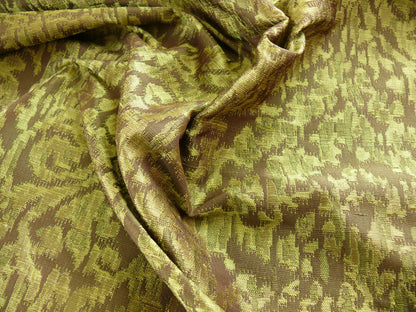 100% Silk Lampas Ikat Medallion "meadow" Green Brown Gold Reversible Mid-Century