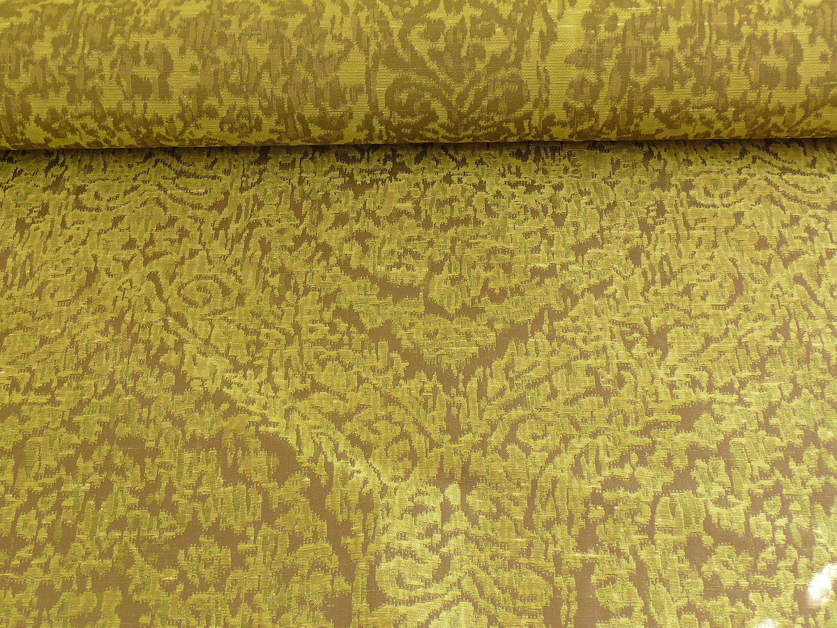 100% Silk Lampas Ikat Medallion "meadow" Green Brown Gold Reversible Mid-Century