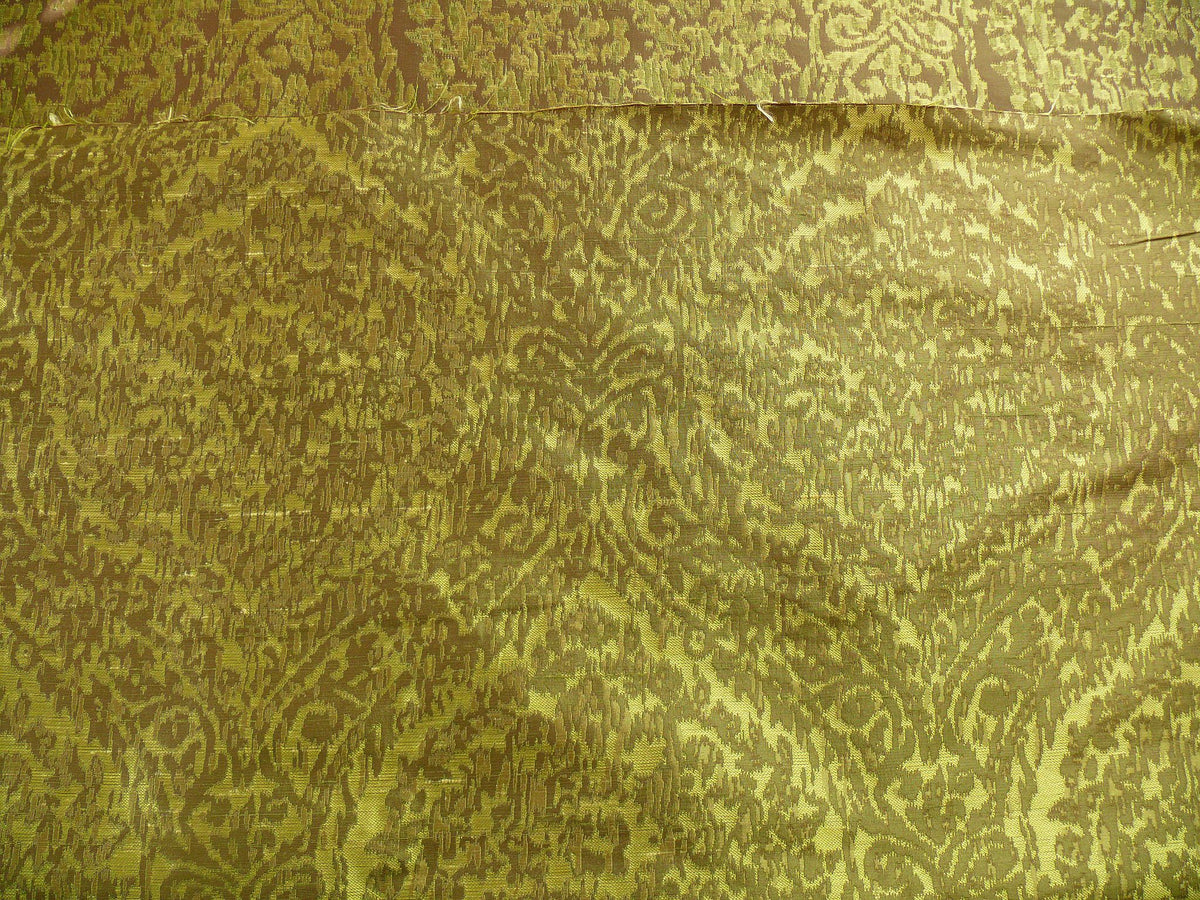 100% Silk Lampas Ikat Medallion "meadow" Green Brown Gold Reversible Mid-Century