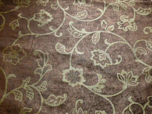 100% Silk Lampas Aged Metal Woven Flower "pear" Brown