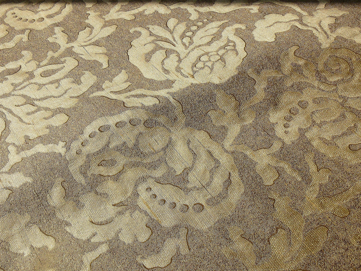 by yard 100% Silk Jacquard Papercut Pomegranate Flower "hemp" Khaki Mid Century Strie