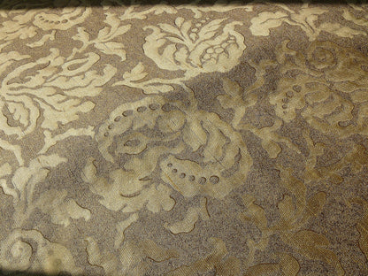 by yard 100% Silk Jacquard Papercut Pomegranate Flower "hemp" Khaki Mid Century Strie