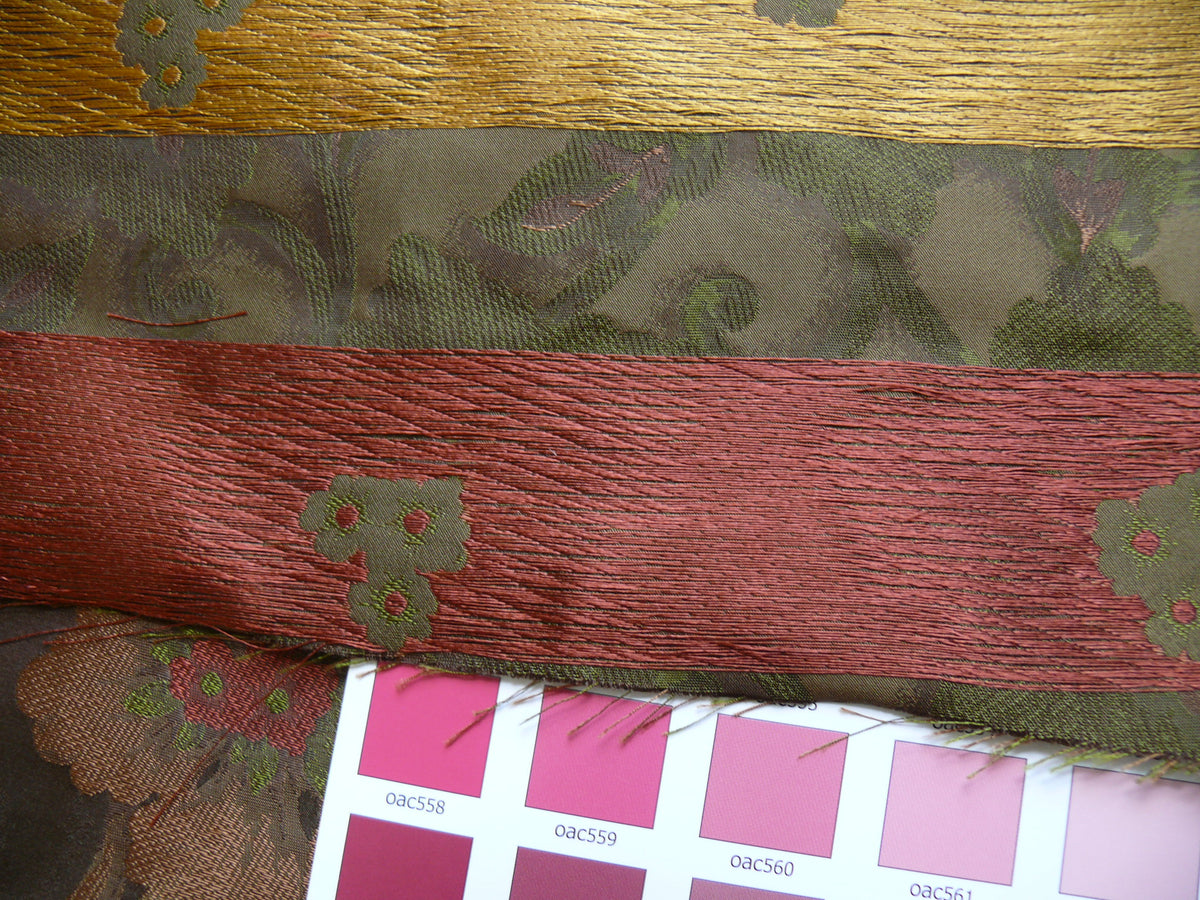 100% Silk Lampas Tri-leaf Flower "sumatra" Brown Red Yellow Green
