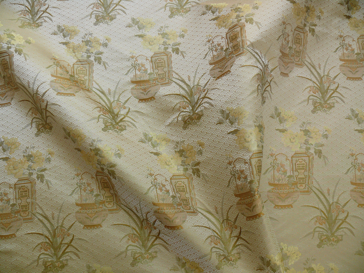 By Yard High End 100% silk Jacquard Lampas Chinoisery Gold Peony Basket Vase Creamy "goldspun"