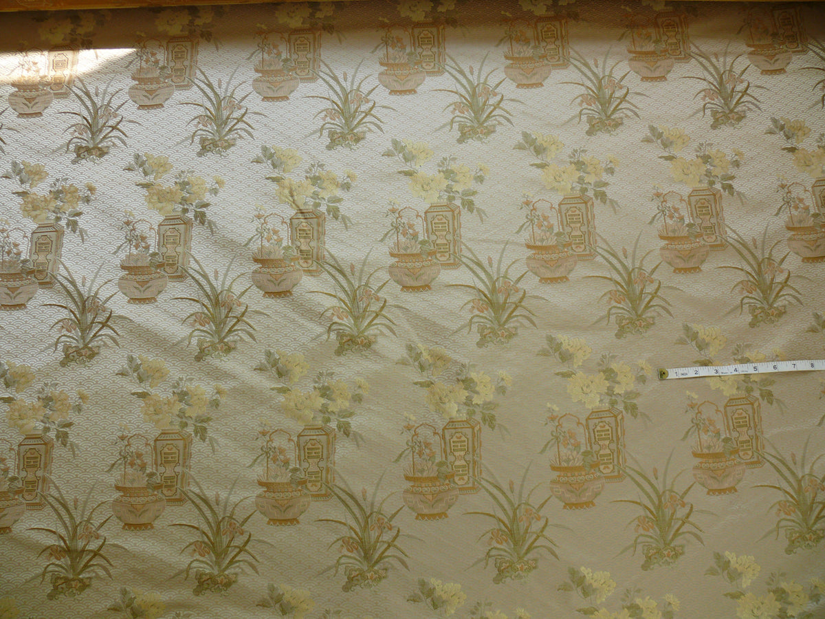 By Yard High End 100% silk Jacquard Lampas Chinoisery Gold Peony Basket Vase Creamy "goldspun"