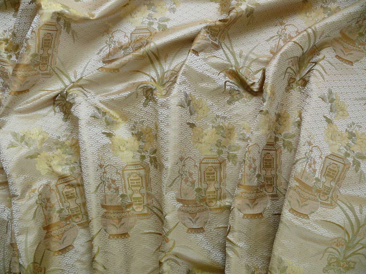 By Yard High End 100% silk Jacquard Lampas Chinoisery Gold Peony Basket Vase Creamy "goldspun"