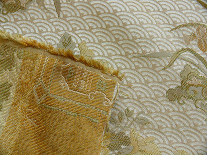 By Yard High End 100% silk Jacquard Lampas Chinoisery Gold Peony Basket Vase Creamy "goldspun"