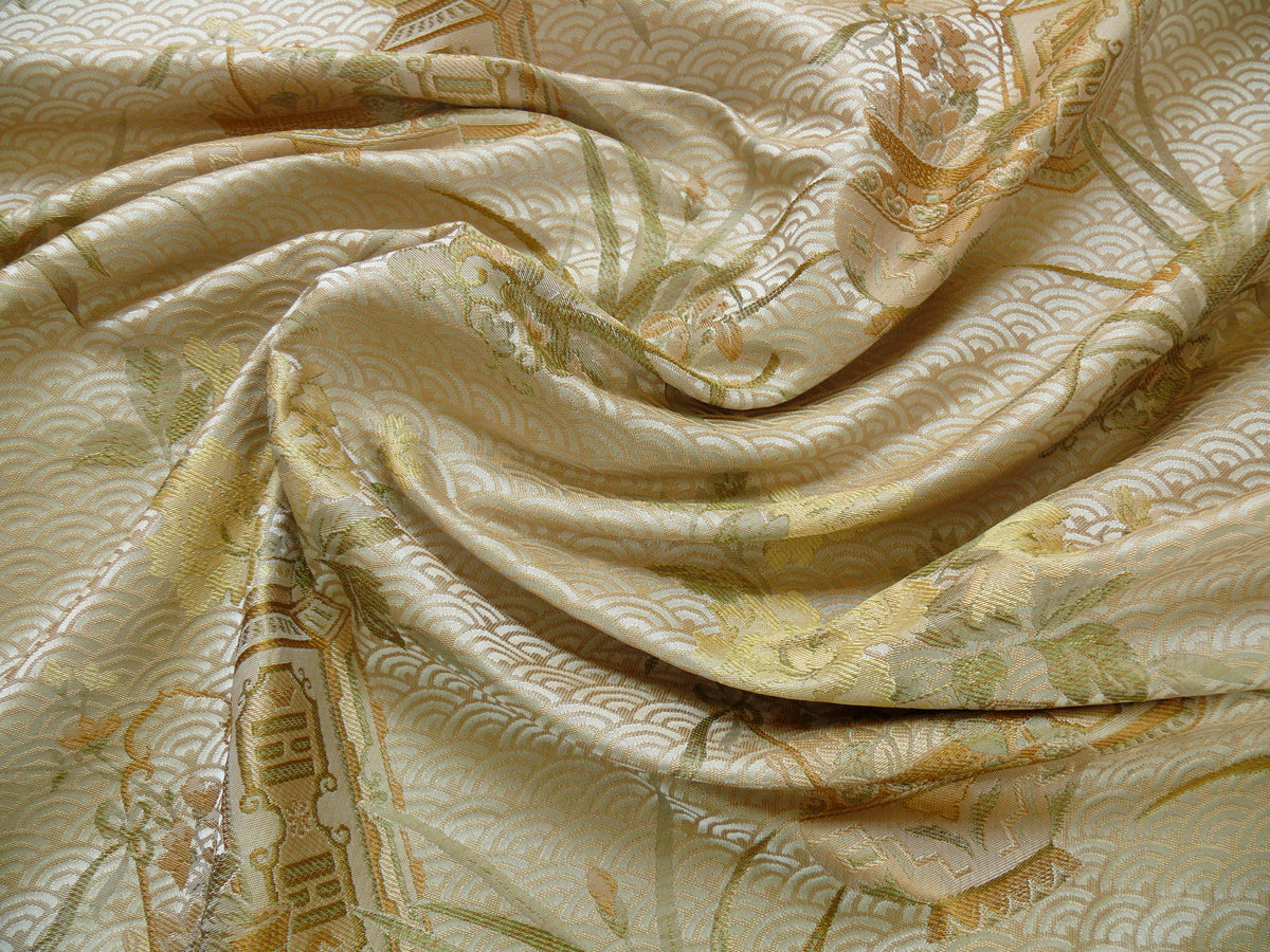 By Yard High End 100% silk Jacquard Lampas Chinoisery Gold Peony Basket Vase Creamy "goldspun"